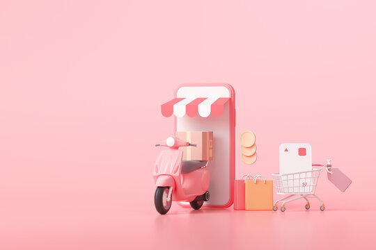3D Fast delivery service concept. Online shopping and free shipping on pink background. 3D render illustration.