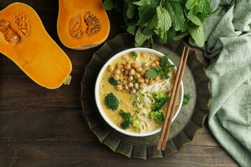 Laksa noodle soup With pumpkin and broccoli, thai spicy soup