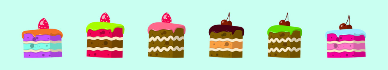 set of cake slice cartoon icon design template with various models. vector illustration isolated on blue background