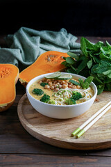 Laksa noodle soup With pumpkin and broccoli, thai spicy soup