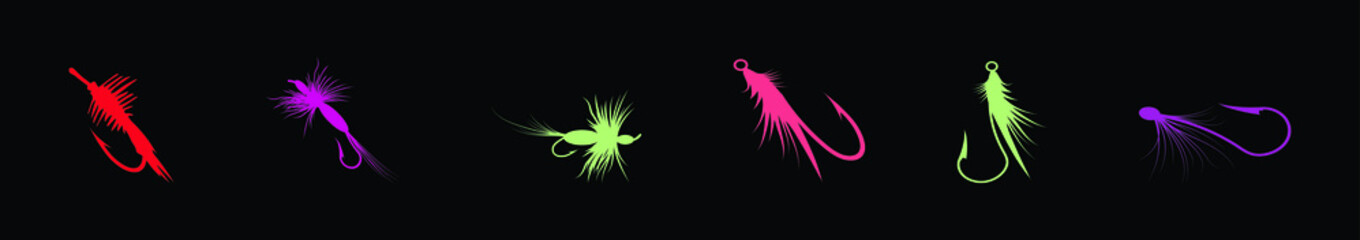 set of fly fishing cartoon icon design template with various models. vector illustration isolated on black background