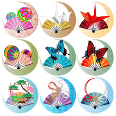 日本風の色紙デザイン（手まり、折り鶴、蝶々、水引、松竹梅）