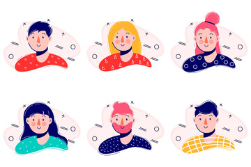 Cartoon portrait. Simple modern design. Flat vector character illustration. Vector icon. Modern flat collection with young people icons set. Color vector illustration.