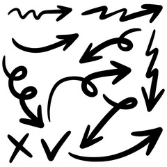 hand drawn arrows icons set isolated on white background. Doodle vector illustration.