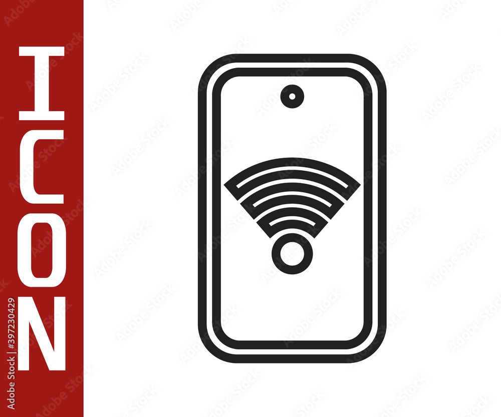 Poster Black line Smartphone with free wi-fi wireless connection icon isolated on white background. Wireless technology, wi-fi connection, wireless network. Vector.