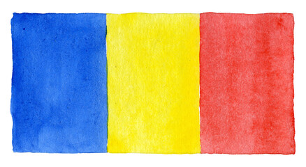 Hand drawn watercolor illustration of national flag of Moldova, isolated on white background. State symbol of Moldova.
