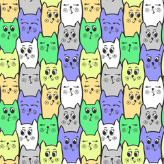 Multicolored faces of cats. Seamless digital pattern. Baby and kids style cute funny digital seamless pattern for textile, fabrics and paper. Kids room decoration and clothes. 