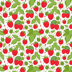 Nature style seamless pattern with fresh raspberry, branches and leaves, little dots on a white background. Digital art. Fresh berries summer woman seamless pattern. Textile nature ornament. 