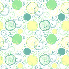 Nature style seamless pattern with fresh apples, branches and leaves, little dots on a white background. Digital art. Fresh apples flat summer woman seamless pattern. Textile nature ornament. 