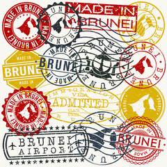 Brunei Set of Stamps. Travel Passport Stamp. Made In Product. Design Seals Old Style Insignia. Icon Clip Art Vector.