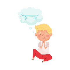 Curious Boy Sitting and Dreaming about Skateboard Vector Illustration