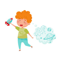 Smiling Red Cheeked Boy Playing with Toy Rocket and Dreaming about Space Vector Illustration