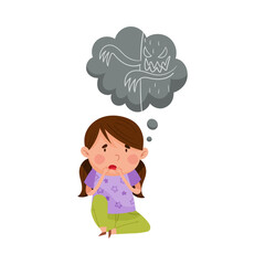 Frightened Girl Sitting and Imagining Spooky Monster Vector Illustration