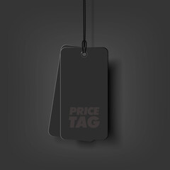 Two blank black paper price tags mock up with string isolated on transparent background.