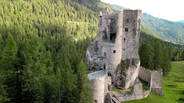 Aerial view of medieval Andraz Castle, Italian Dolomites