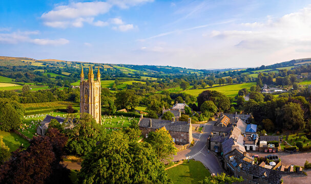 Aerial view of Widecombe in the Moor, a village and large civil parish on Dartmoor National Park in Devon, England
