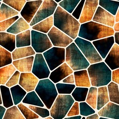 Seamless geo tile shape collage surface pattern. High quality illustration. Random chunks of color chaotically jumbled together inside voronoi jigsaw puzzle shapes. Ornate and detailed texture.
