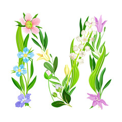 Uppercase Floral Alphabet Letter Composed of Flowers and Decorative Nature Elements Vector Illustration