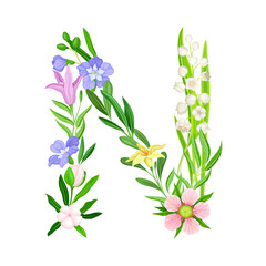 Fototapeta na wymiar Fresh Flowers and Plants Arranged in Alphabet Letter Shape Vector Illustration