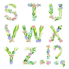 Tender Floral Alphabet with Decorative Nature Elements Vector Set