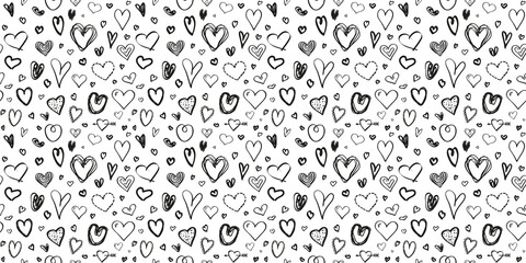 Hand drawn background with hearts. Seamless grunge texture for banner, flyer or poster. Valentine's day. Black and white illustration