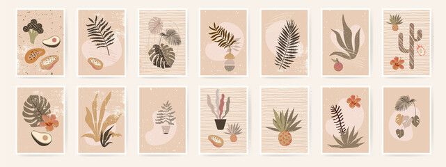 Abstract botanical wall art posters. Fluid organic shapes, neutral natural colors. Contemporary collage artistic wall prints. Mid Century Modern design. Plant abstraction posters. Vector illustration © babayuka