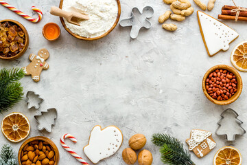 Frame of Chtistmas cooking - icing gingerbread cookies, top view