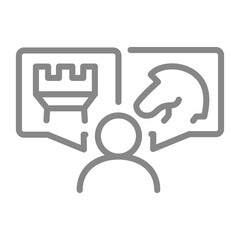 Human with knight and rook chess in speech bubbles line icon. Board game, table entertainment symbol