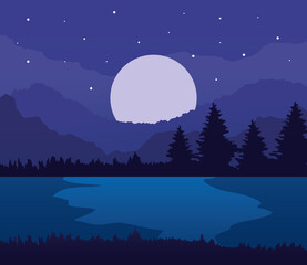 Landscape of pine trees lake and moon on purple background design, nature and outdoor theme Vector illustration