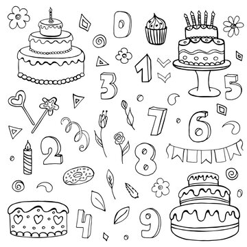 Doodle image of a birthday set. Vector image for wedding, parties, birthday. Element for print, web, decoration.