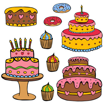 Doodle image of cake, pochik, cupcakes. Vector image of sweets. Element for print, web, decoration.