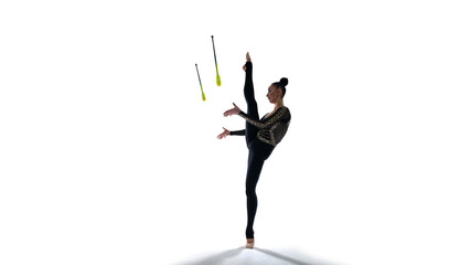 Rhythmic gymnast isoladed on white.