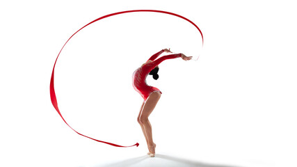 Rhythmic gymnast isoladed on white.
