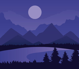 Landscape of mountains pine trees lake and moon on purple background design, nature and outdoor theme Vector illustration