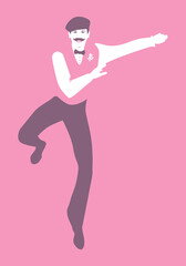 Elegant groom wearing vintage wedding clothes dancing in retro style