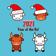 2021 Chinese New Year. Year of the Ox! Drawing Kawaii. Vector illustration for web design or print.