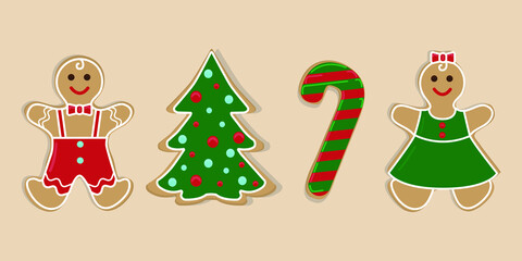 Set of vector images of Christmas gingerbread. Gingerbread cookies decorated with colored glaze of different shapes.