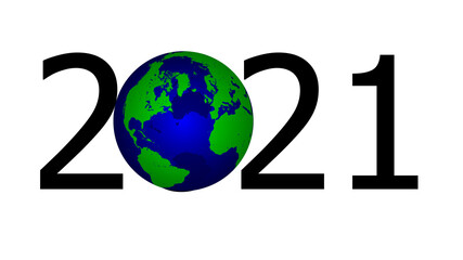 Planet Earth in red Christmas hat on blue. Happy holidays, lettering. Pandemic Christmas concept. Illustration.