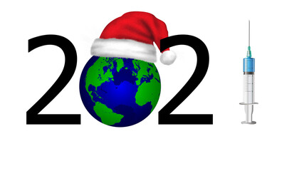 2021 new year. Syringe icon. Planet Earth in red Christmas hat on blue. Happy holidays, lettering. Pandemic Christmas concept. Illustration.