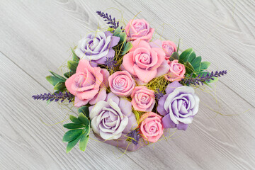 Top view of big bouquet of colorful different flowers.