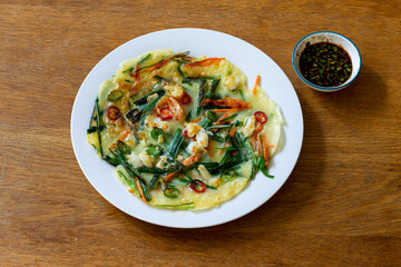 Korean pancake for side dish with vegetable, shrimp, garlic chive