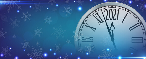 Naklejka na ściany i meble Vector 2021 Happy New Year with retro clock on snowflakes blue background,illustration EPS10.
