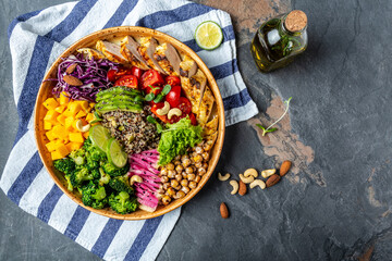 Ketogenic diet. Buddha bowl dish with grilled chicken fillet, quinoa, avocado, pumpkin, tomato, broccoli, red cabbage, chickpea, watermelon radish, fresh lettuce salad, nuts