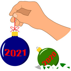 A person's hand holds a blue Christmas ball with the numbers 2021 by a string, next to it lies a broken green ball with the numbers 2020, new year's card vector on a white background isolated