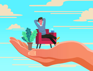 Young man relax sit on red sofa on huge open hand image with blue sky background vector illustration.