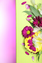 Beautiful flower arrangement of decorative small lilies and chrysanthemums on a colored light green and pink background.