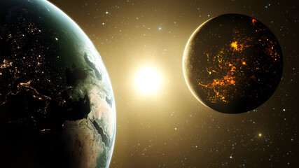 Earth with sun and unknown planet 3D Illustration