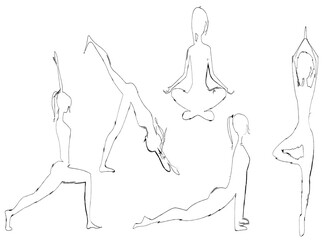 Silhouettes of a girl in yoga poses. Asanas, healthy lifestyle. Abstract vector illustration.