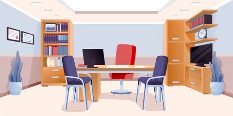 Modern office of boss interior design background. Room for work with chairs, table with computer monitor, cupboard with books and documents, plants, tv. Area for working vector illustration