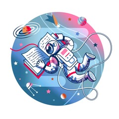 Fototapeta na wymiar Funny astronaut reading book in space. Man flying with open book in spacesuit. Space exploration fun entertainment vector illustration. Cosmonaut in universe, sky with planets and comets